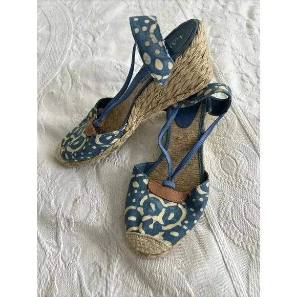 Lauren Ralph Lauren Cala Women’s 7.5 M Espadrille Shoes Wedges Heel Blue Beige - Picture 2 of 12